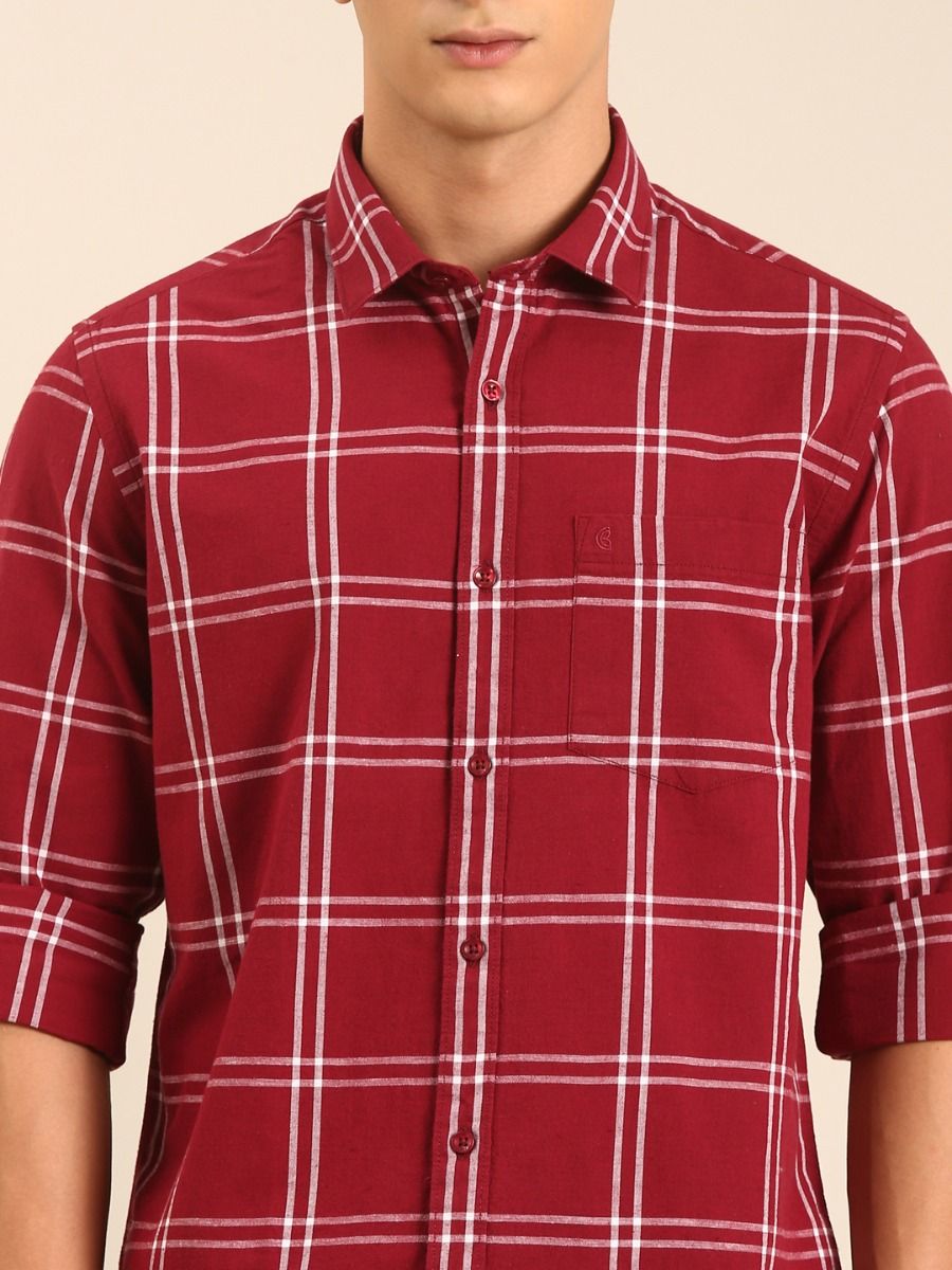 CAVALLO by Linen Club Men's Blended Linen Maroon Checkered Contemporary Fit Full Sleeve Casual Shirt