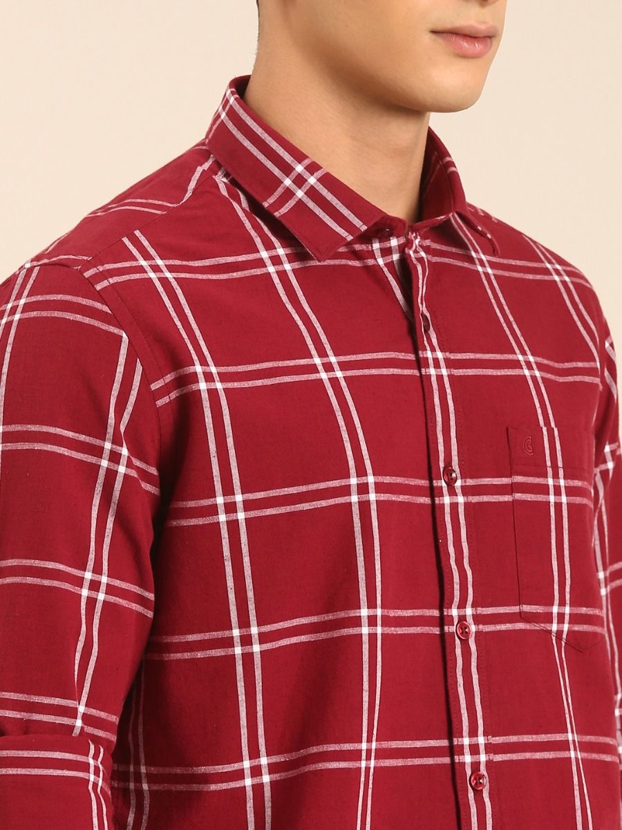CAVALLO by Linen Club Men's Blended Linen Maroon Checkered Contemporary Fit Full Sleeve Casual Shirt