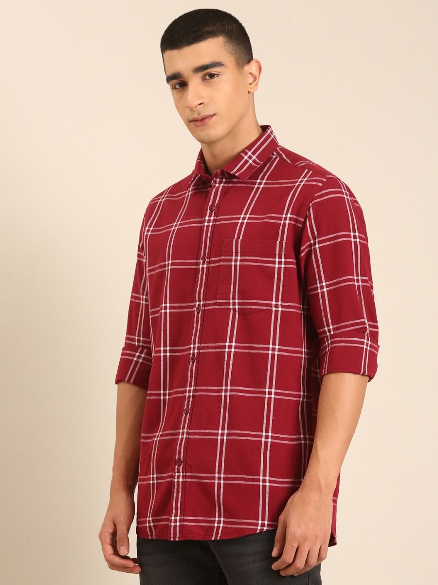 CAVALLO by Linen Club Men's Blended Linen Maroon Checkered Contemporary Fit Full Sleeve Casual Shirt