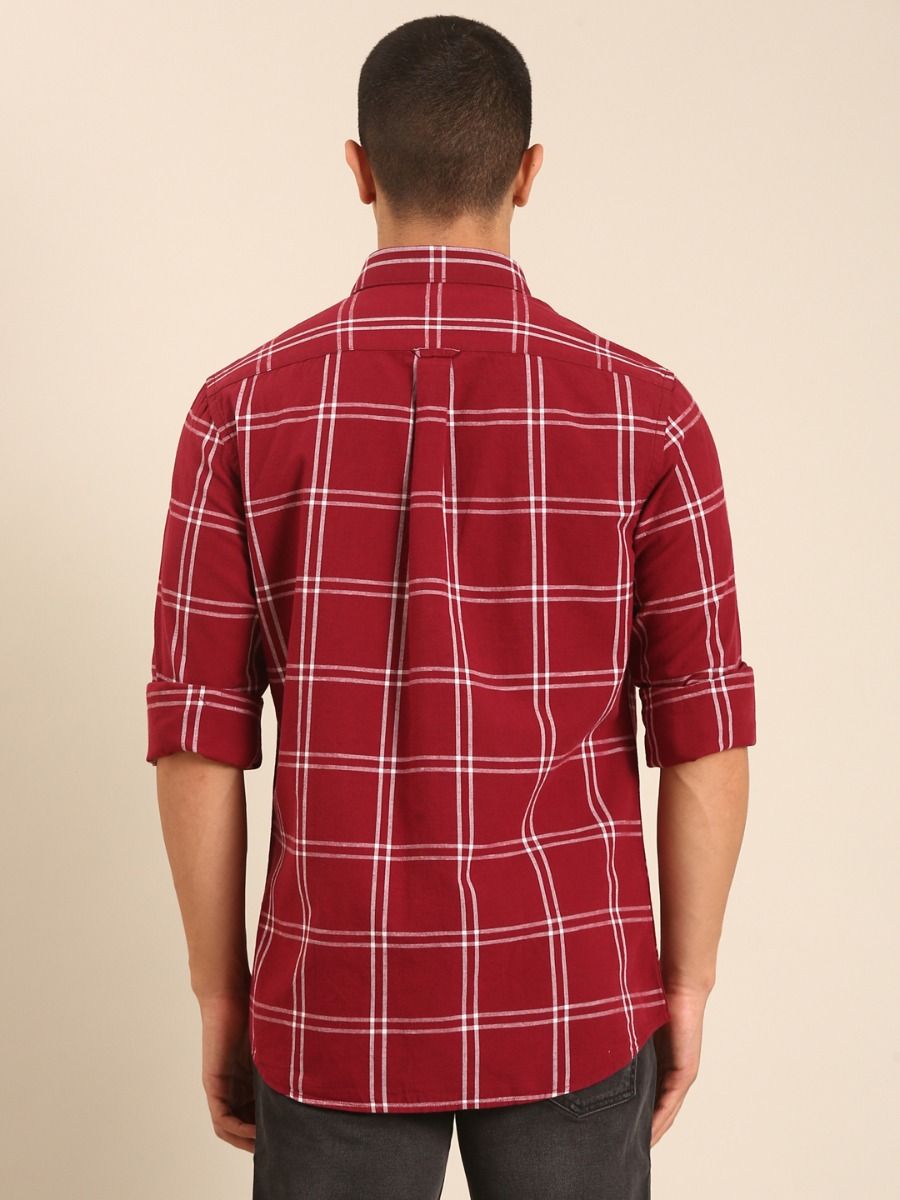 CAVALLO by Linen Club Men's Blended Linen Maroon Checkered Contemporary Fit Full Sleeve Casual Shirt