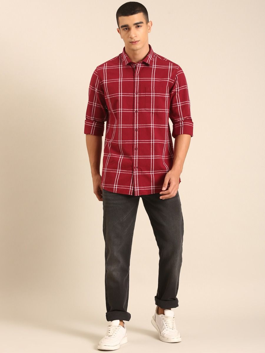 CAVALLO by Linen Club Men's Blended Linen Maroon Checkered Contemporary Fit Full Sleeve Casual Shirt