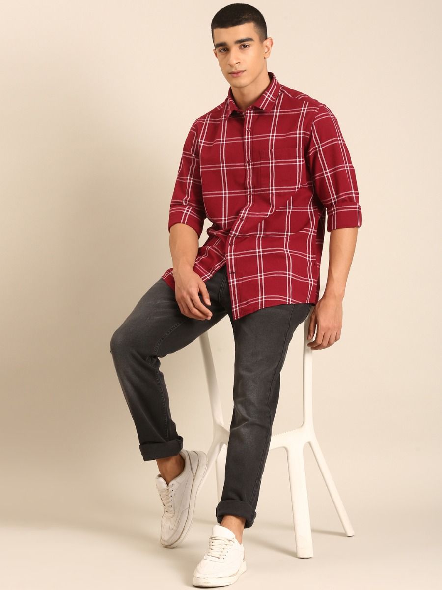CAVALLO by Linen Club Men's Blended Linen Maroon Checkered Contemporary Fit Full Sleeve Casual Shirt