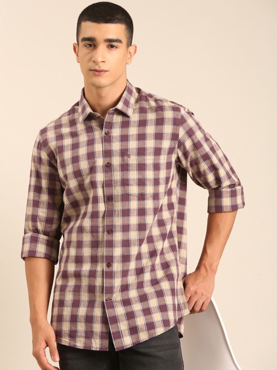 CAVALLO by Linen Club Men's Blended Linen Beige Checkered Contemporary Fit Full Sleeve Casual Shirt