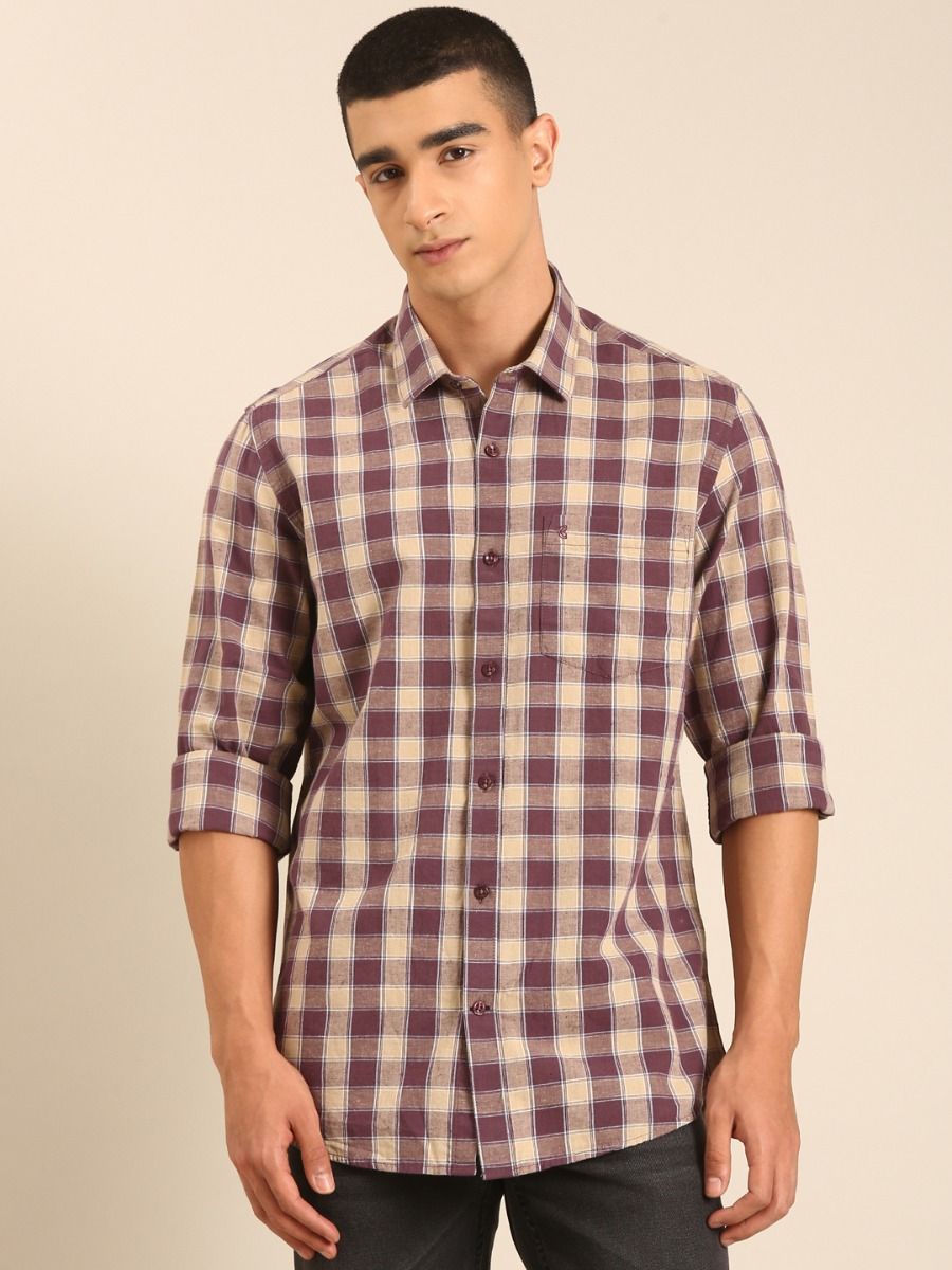 CAVALLO by Linen Club Men's Blended Linen Beige Checkered Contemporary Fit Full Sleeve Casual Shirt