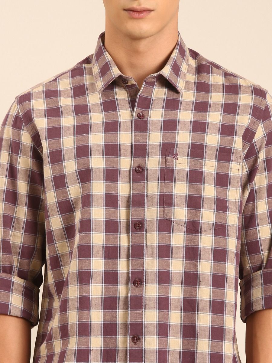 CAVALLO by Linen Club Men's Blended Linen Beige Checkered Contemporary Fit Full Sleeve Casual Shirt