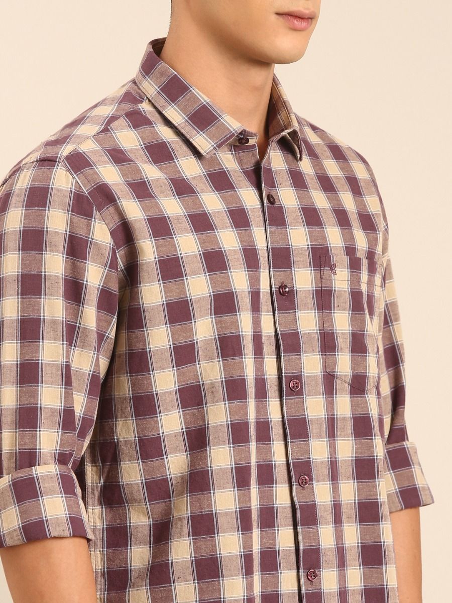 CAVALLO by Linen Club Men's Blended Linen Beige Checkered Contemporary Fit Full Sleeve Casual Shirt