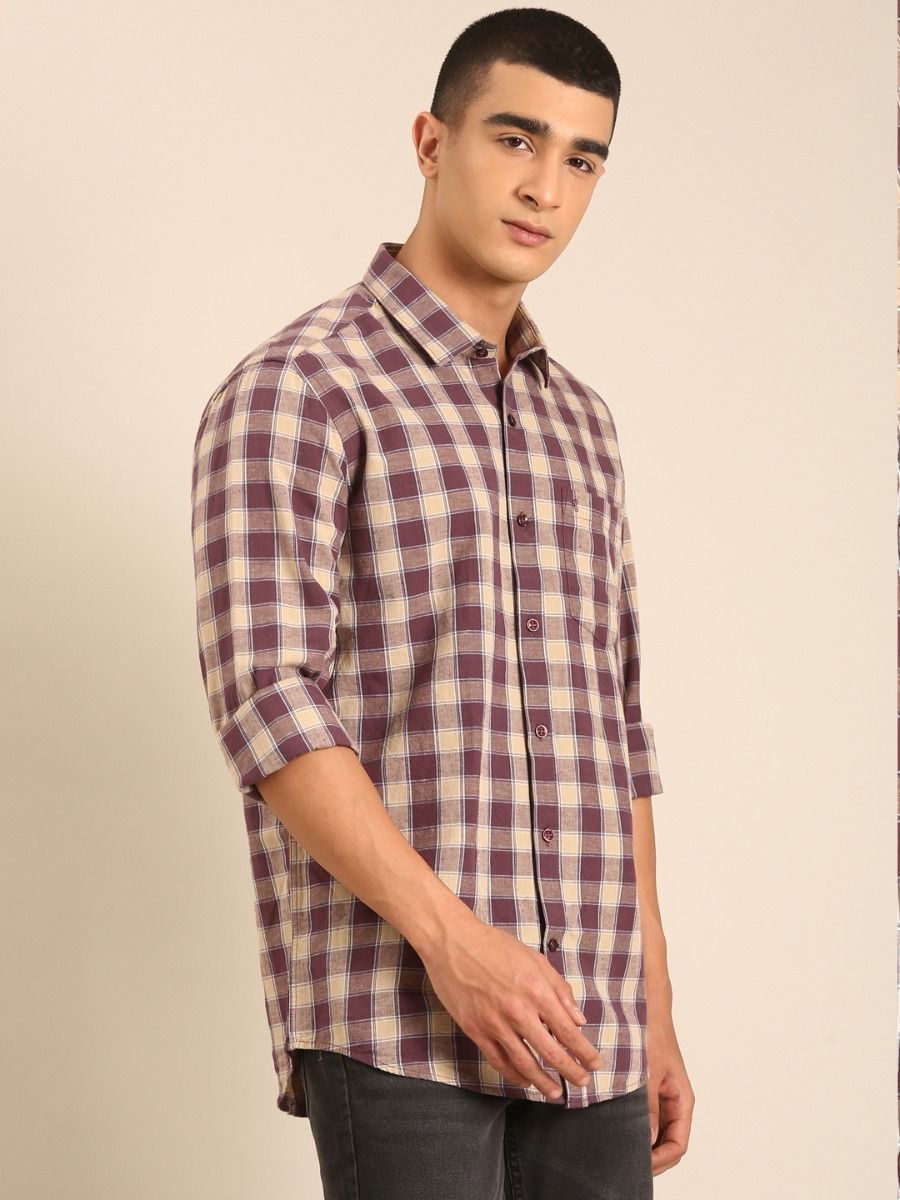 CAVALLO by Linen Club Men's Blended Linen Beige Checkered Contemporary Fit Full Sleeve Casual Shirt