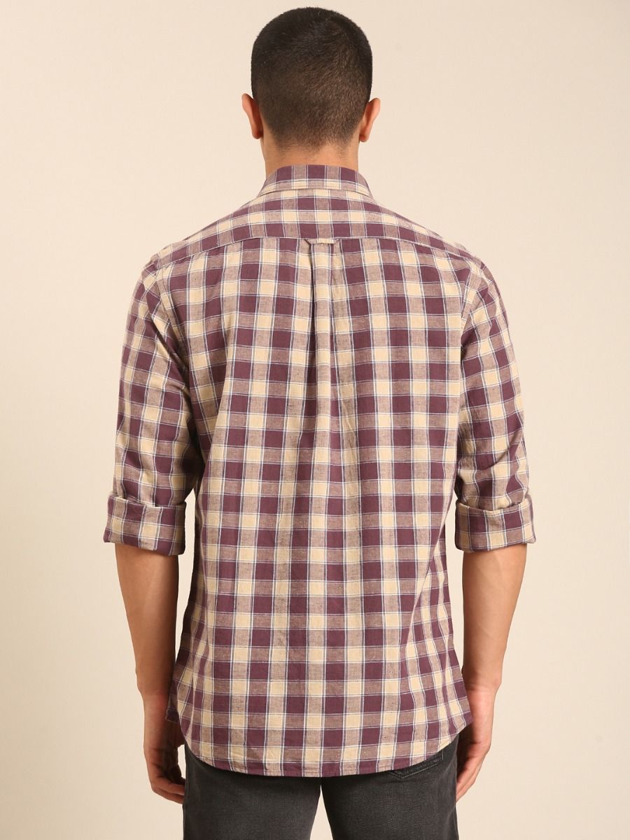 CAVALLO by Linen Club Men's Blended Linen Beige Checkered Contemporary Fit Full Sleeve Casual Shirt