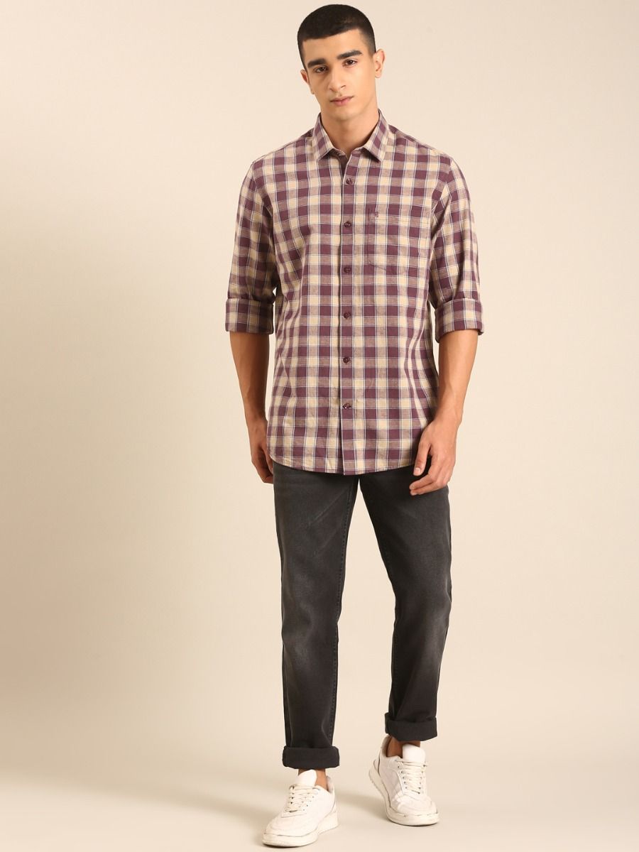 CAVALLO by Linen Club Men's Blended Linen Beige Checkered Contemporary Fit Full Sleeve Casual Shirt