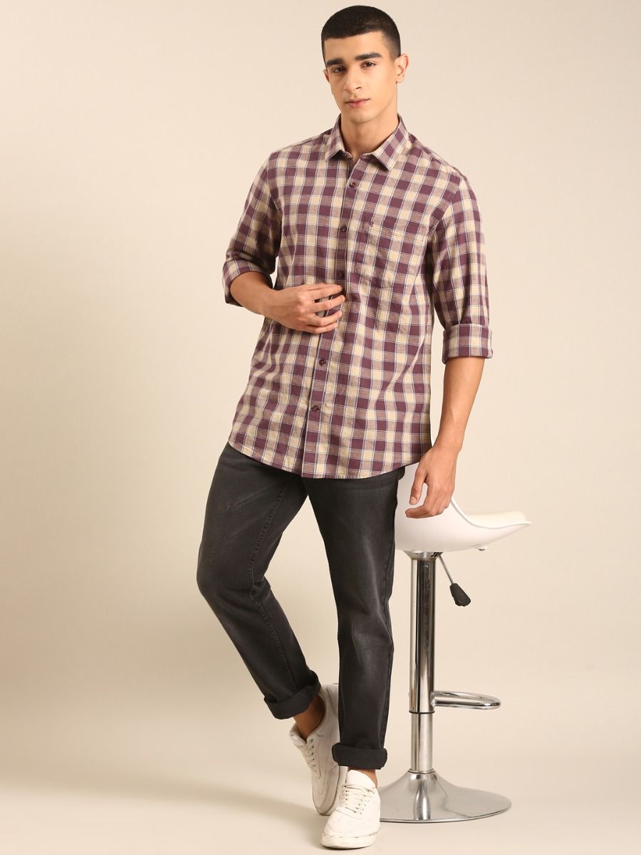 CAVALLO by Linen Club Men's Blended Linen Beige Checkered Contemporary Fit Full Sleeve Casual Shirt