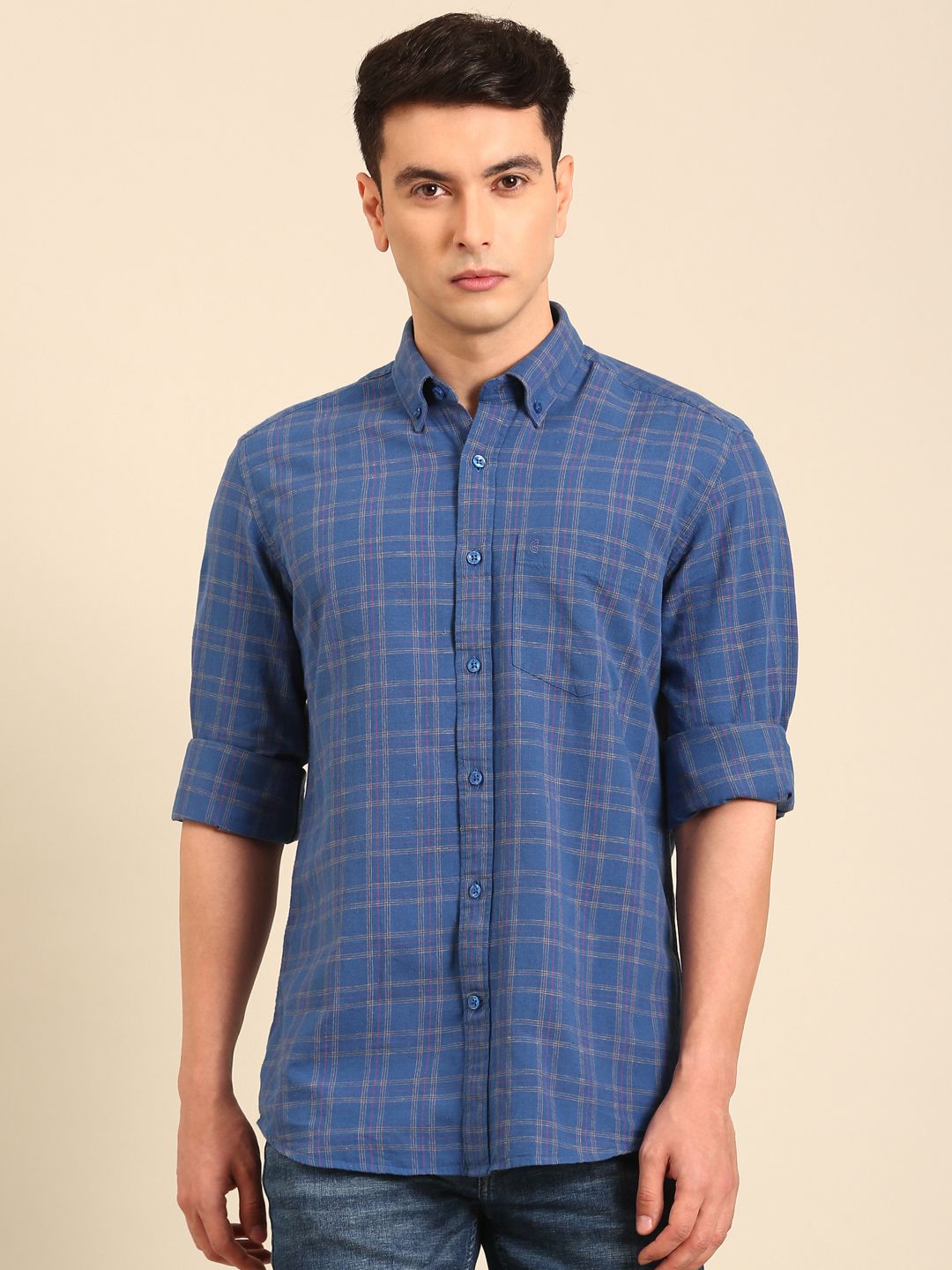 CAVALLO by Linen Club Men's Blended Linen Blue Checkered Contemporary Fit Full Sleeve Casual Shirt