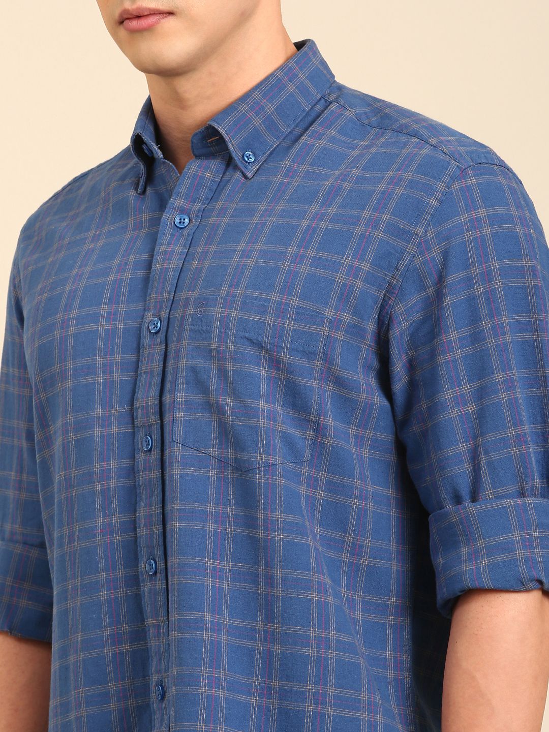 CAVALLO by Linen Club Men's Blended Linen Blue Checkered Contemporary Fit Full Sleeve Casual Shirt