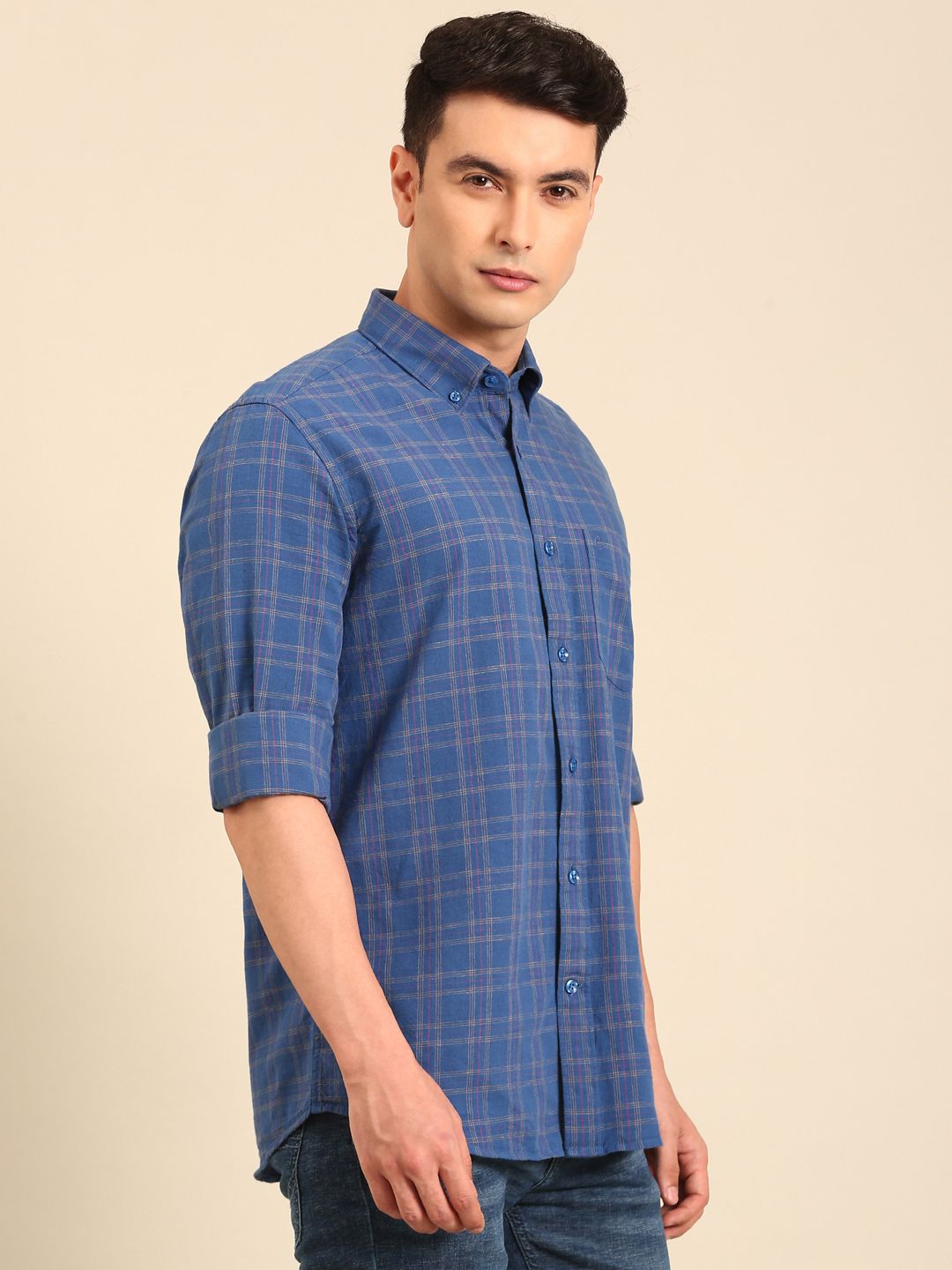 CAVALLO by Linen Club Men's Blended Linen Blue Checkered Contemporary Fit Full Sleeve Casual Shirt