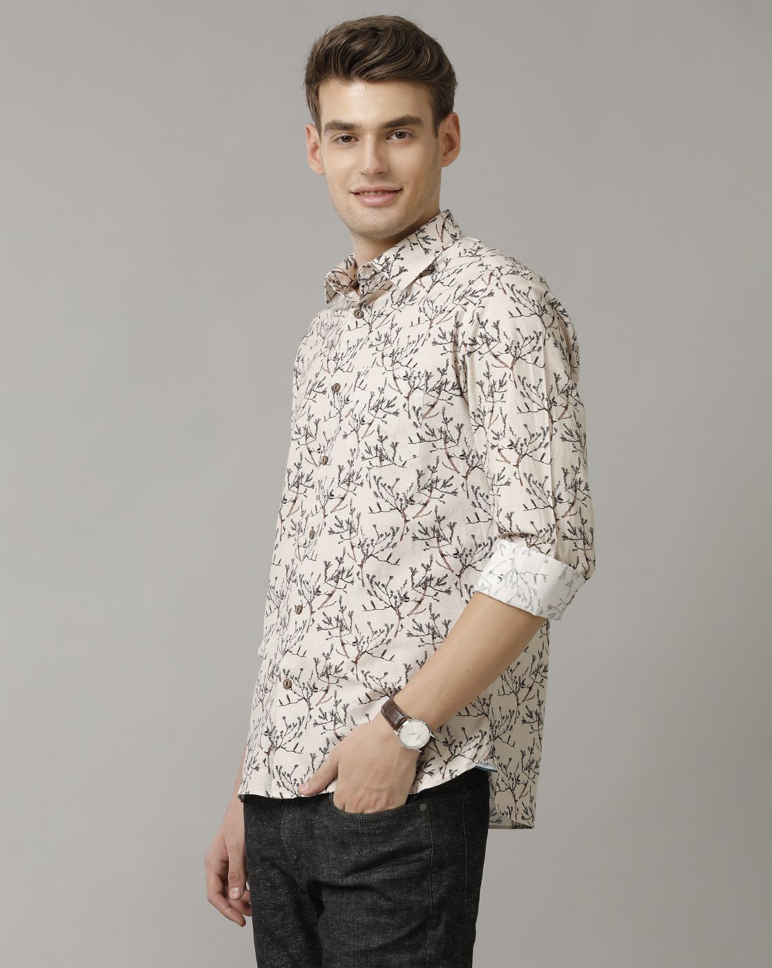 Men's Blended Linen Black Printed Contemporary Fit Full Sleeve Sleeve Casual Shirt