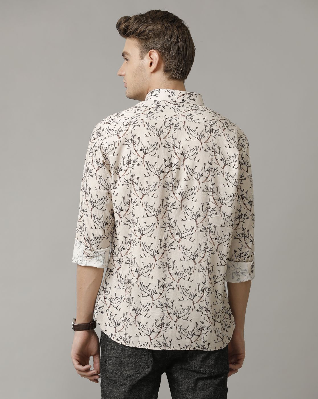 Men's Blended Linen Black Printed Contemporary Fit Full Sleeve Sleeve Casual Shirt