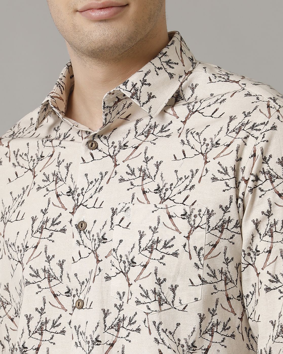 Men's Blended Linen Black Printed Contemporary Fit Full Sleeve Sleeve Casual Shirt