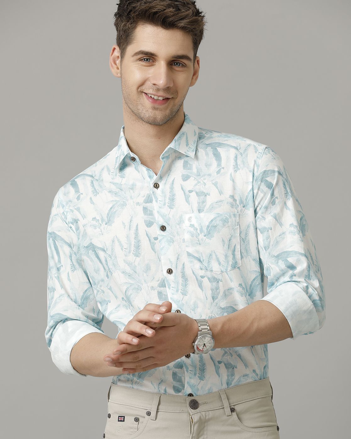 Men's Blended Linen Blue Printed Contemporary Fit Full Sleeve Sleeve Casual Shirt