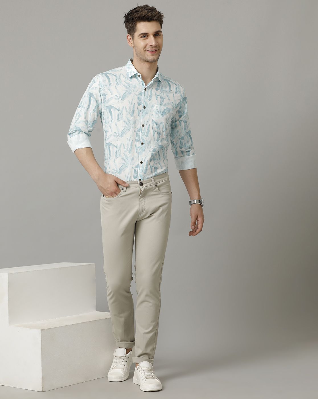 Men's Blended Linen Blue Printed Contemporary Fit Full Sleeve Sleeve Casual Shirt