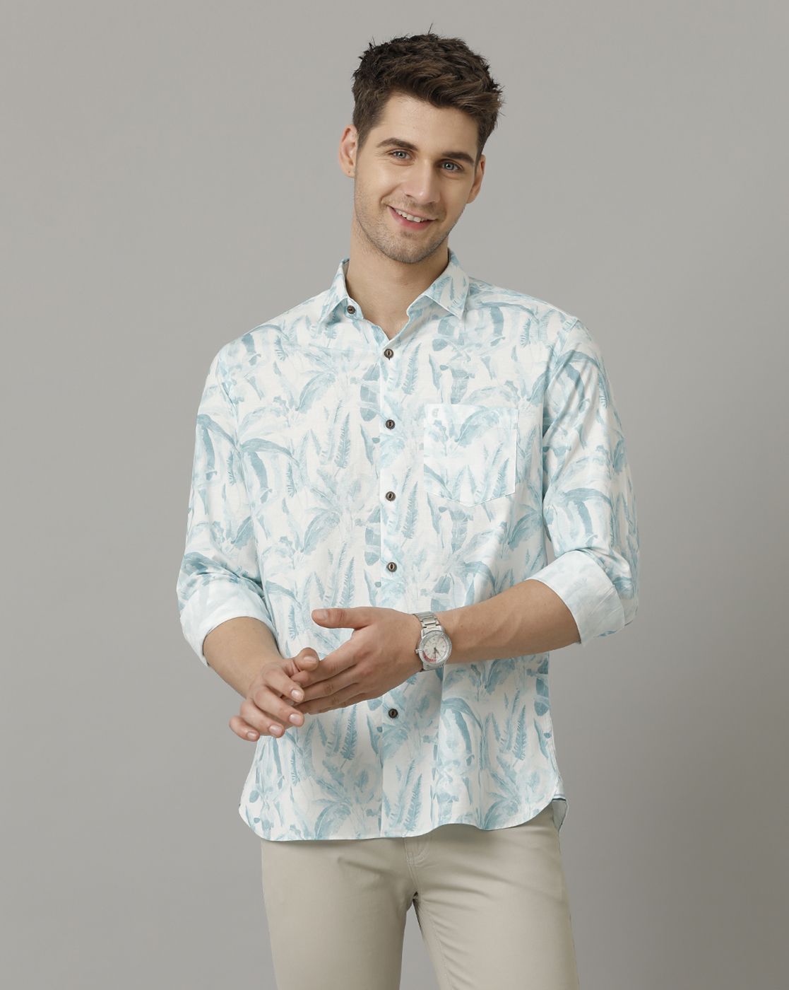 Men's Blended Linen Blue Printed Contemporary Fit Full Sleeve Sleeve Casual Shirt