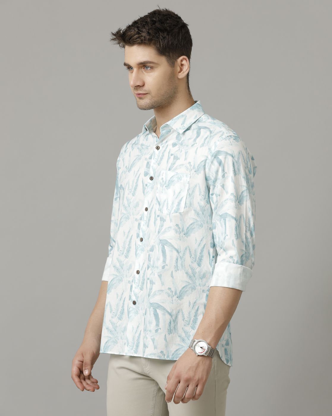 Men's Blended Linen Blue Printed Contemporary Fit Full Sleeve Sleeve Casual Shirt