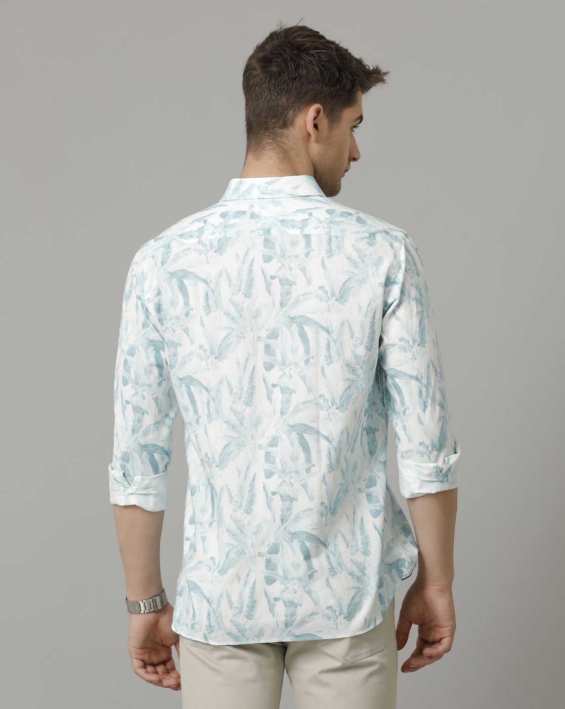 Men's Blended Linen Blue Printed Contemporary Fit Full Sleeve Sleeve Casual Shirt