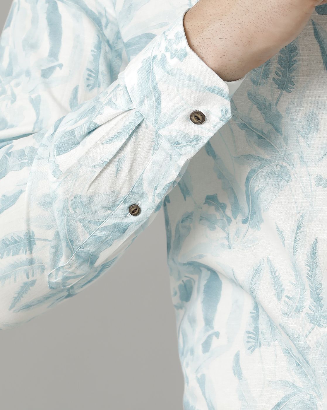 Men's Blended Linen Blue Printed Contemporary Fit Full Sleeve Sleeve Casual Shirt