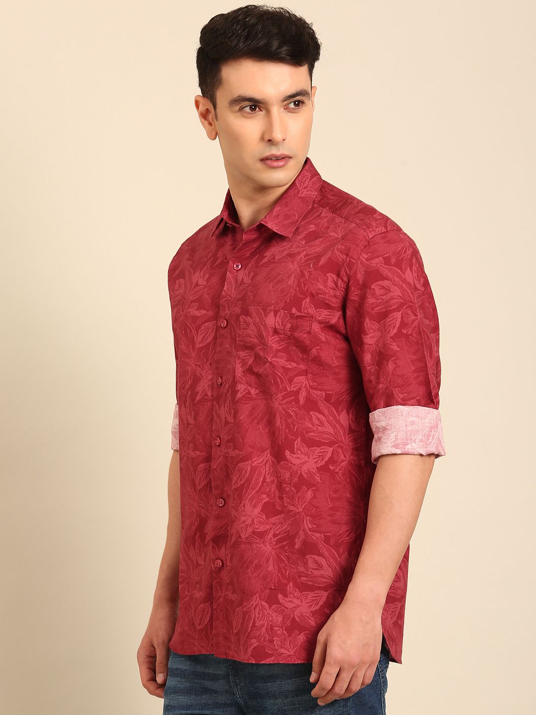 CAVALLO by Linen Club Men's Blended Linen Red Printed Contemporary Fit Full Sleeve Casual Shirt