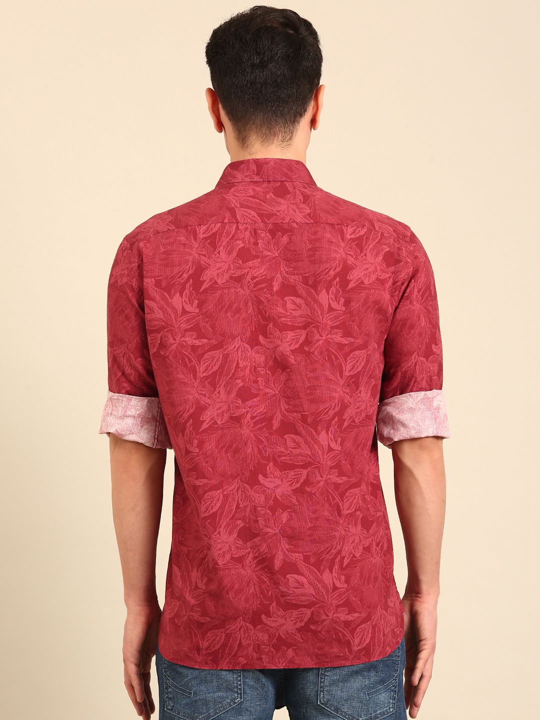 CAVALLO by Linen Club Men's Blended Linen Red Printed Contemporary Fit Full Sleeve Casual Shirt