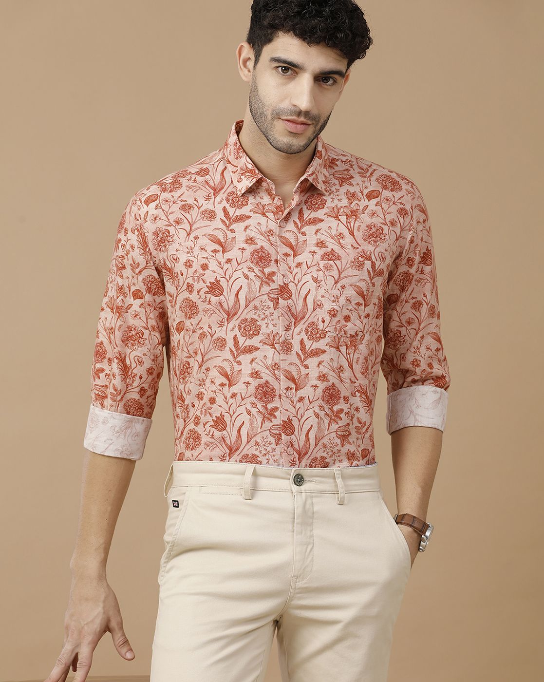 Men's Blended Linen Brown Printed Contemporary Fit Full Sleeve Casual Shirt