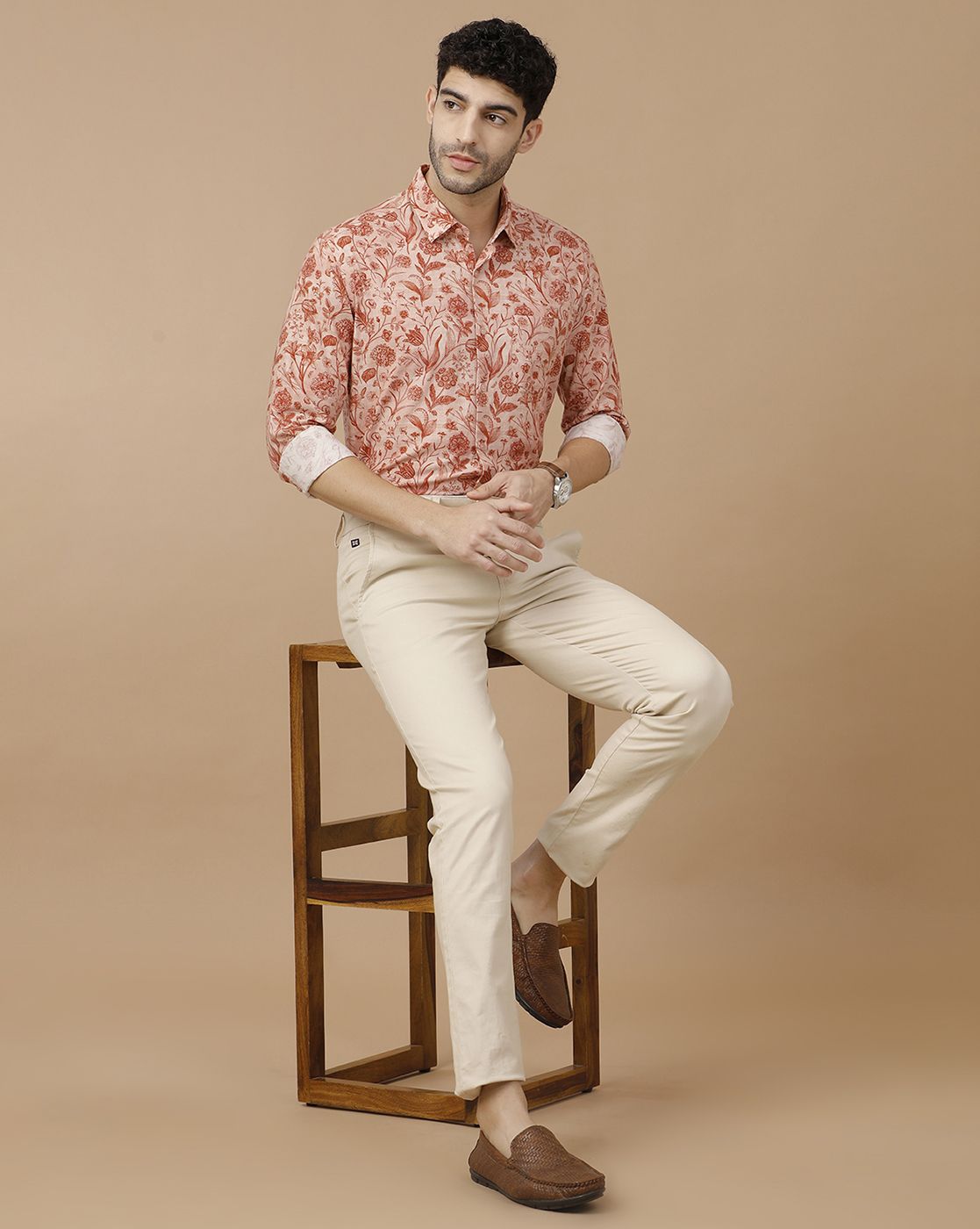 Men's Blended Linen Brown Printed Contemporary Fit Full Sleeve Casual Shirt