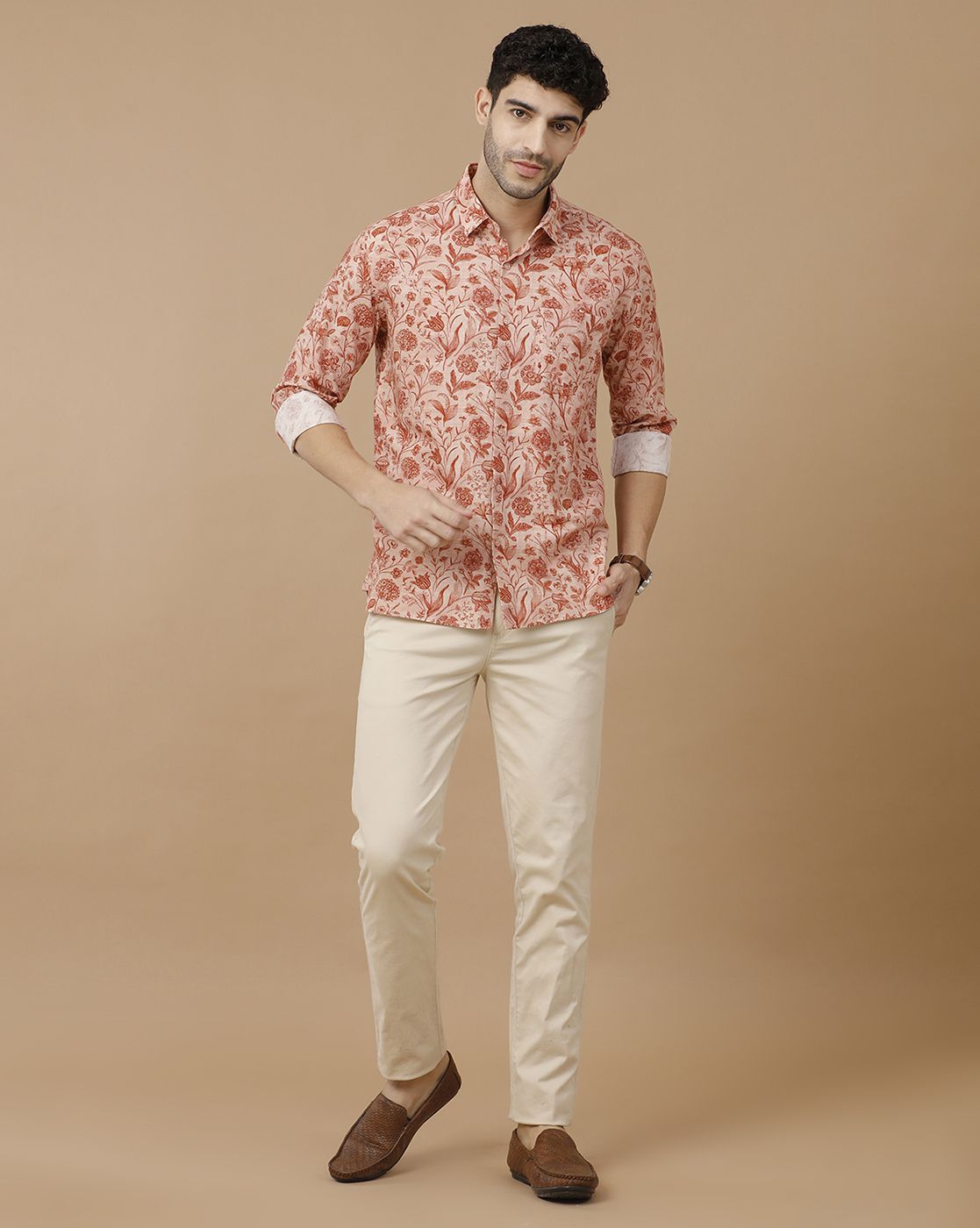 Men's Blended Linen Brown Printed Contemporary Fit Full Sleeve Casual Shirt