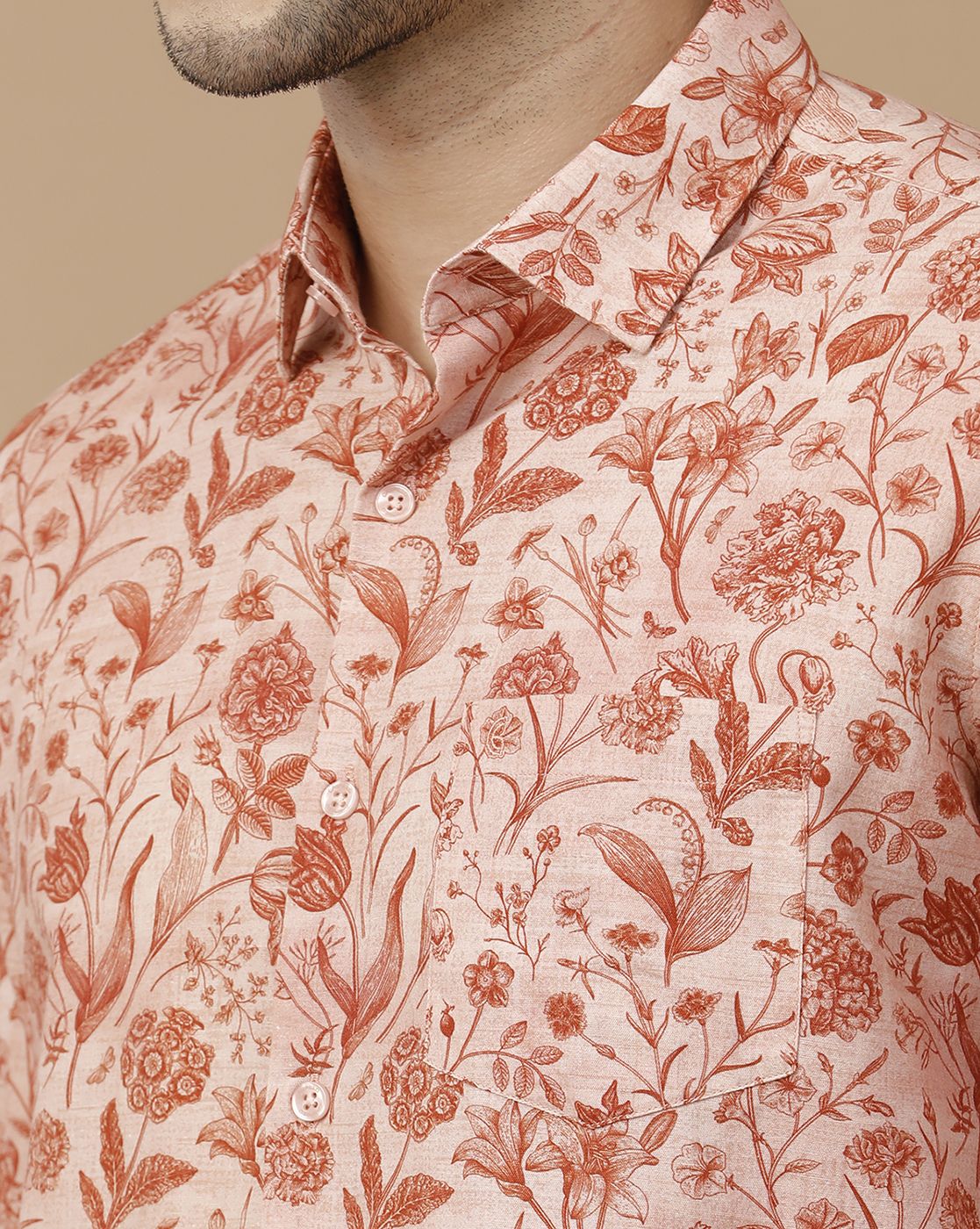 Men's Blended Linen Brown Printed Contemporary Fit Full Sleeve Casual Shirt