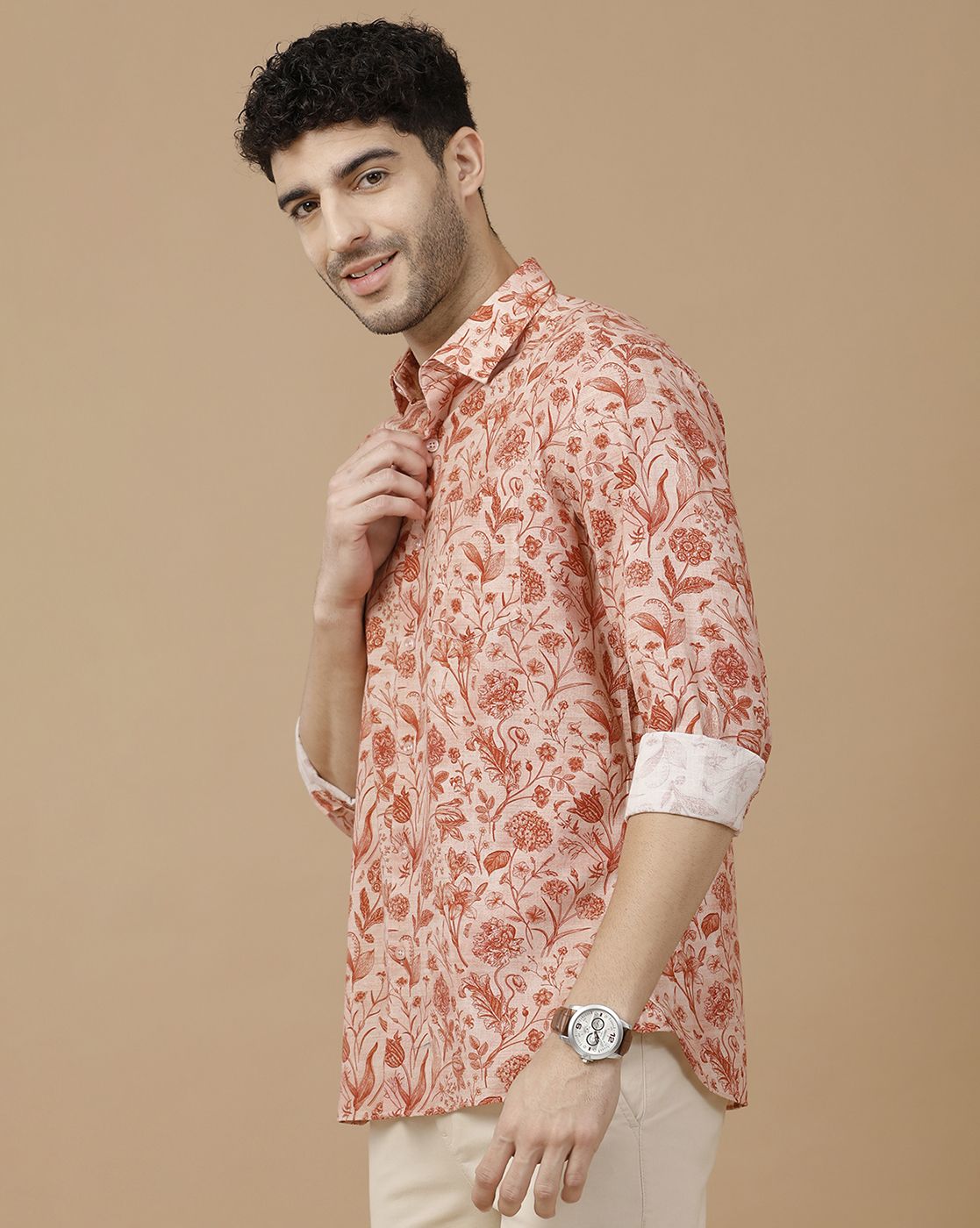 Men's Blended Linen Brown Printed Contemporary Fit Full Sleeve Casual Shirt