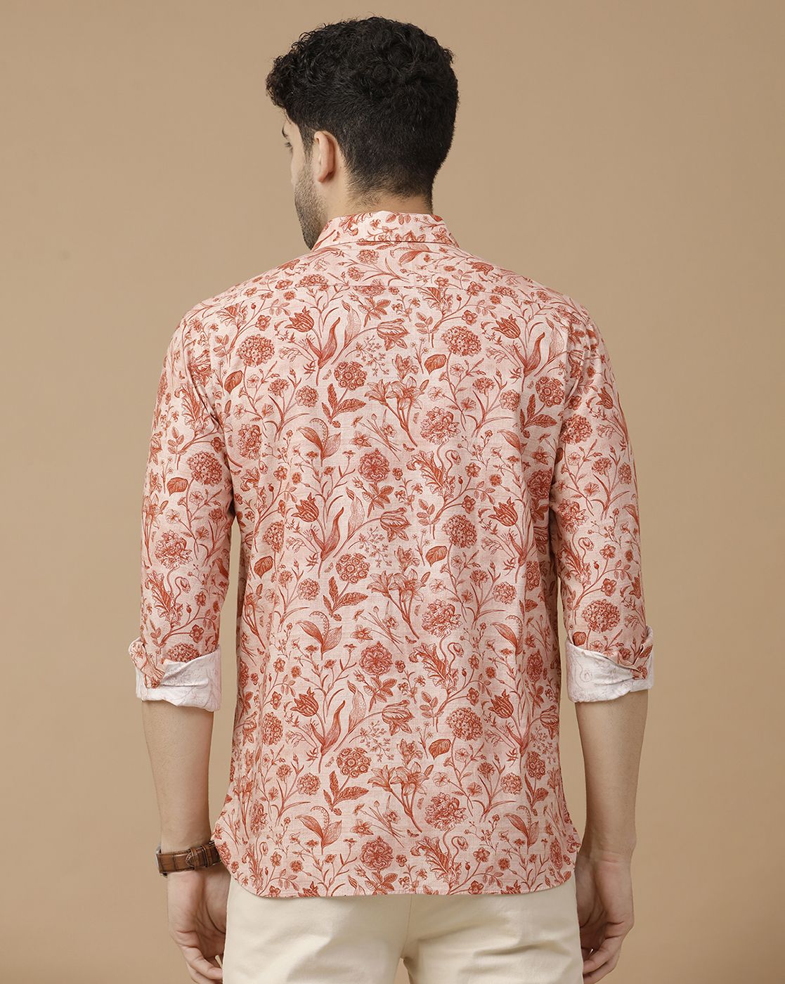 Men's Blended Linen Brown Printed Contemporary Fit Full Sleeve Casual Shirt