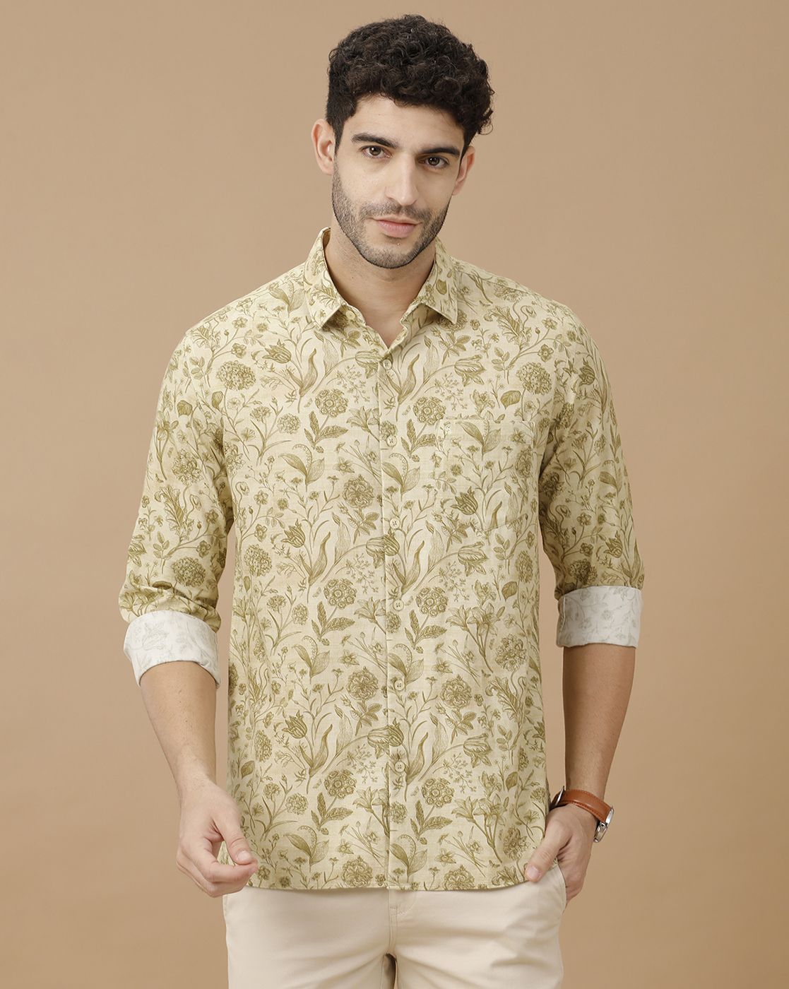 Men's Blended Linen Green Printed Contemporary Fit Full Sleeve Casual Shirt