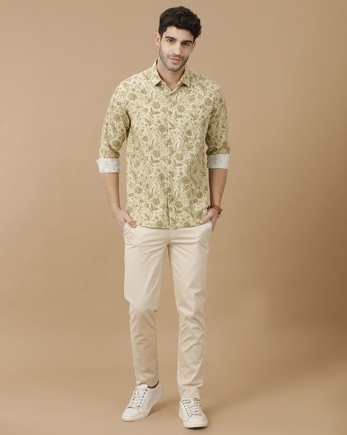 Men's Blended Linen Green Printed Contemporary Fit Full Sleeve Casual Shirt