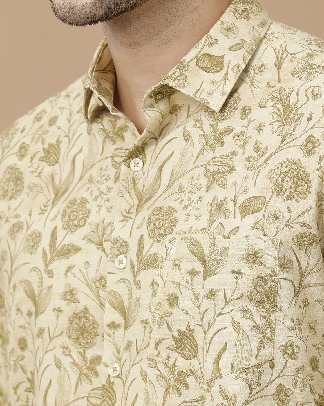 Men's Blended Linen Green Printed Contemporary Fit Full Sleeve Casual Shirt
