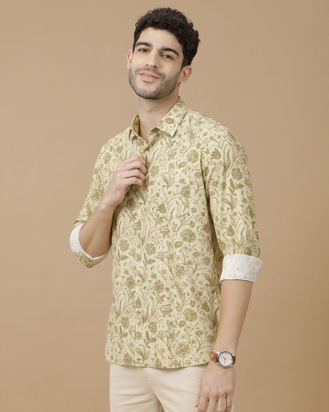 Men's Blended Linen Green Printed Contemporary Fit Full Sleeve Casual Shirt