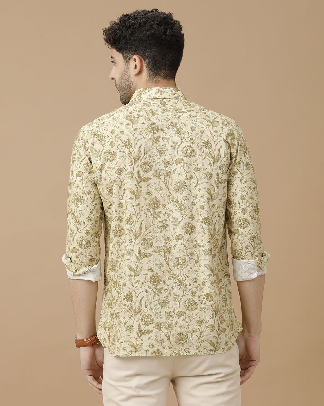 Men's Blended Linen Green Printed Contemporary Fit Full Sleeve Casual Shirt
