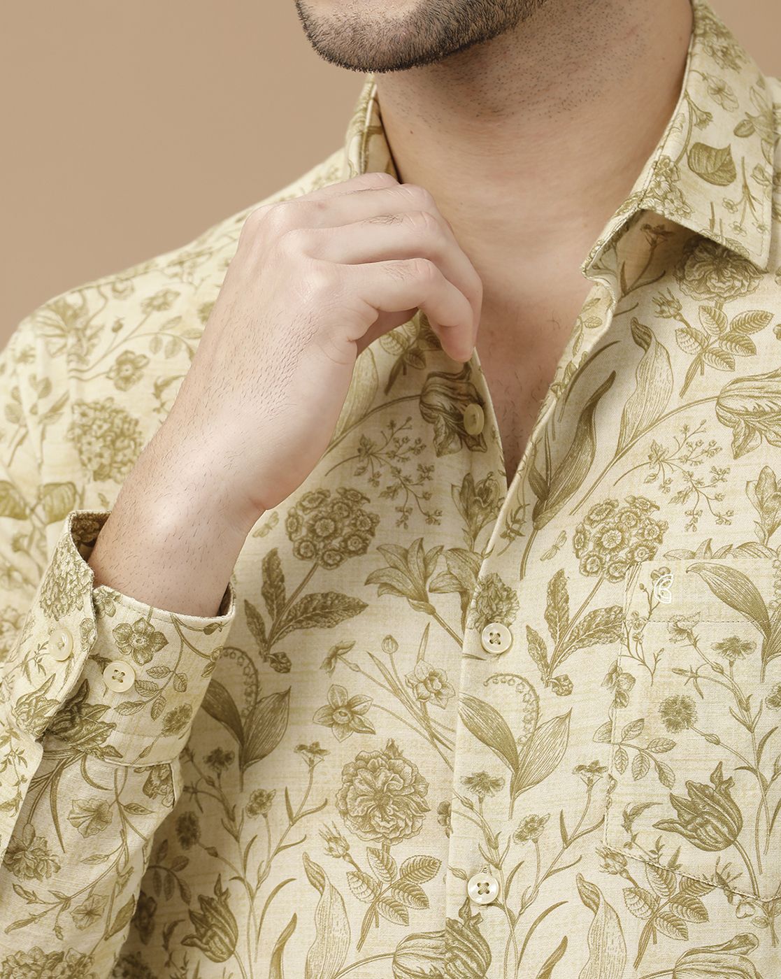 Men's Blended Linen Green Printed Contemporary Fit Full Sleeve Casual Shirt