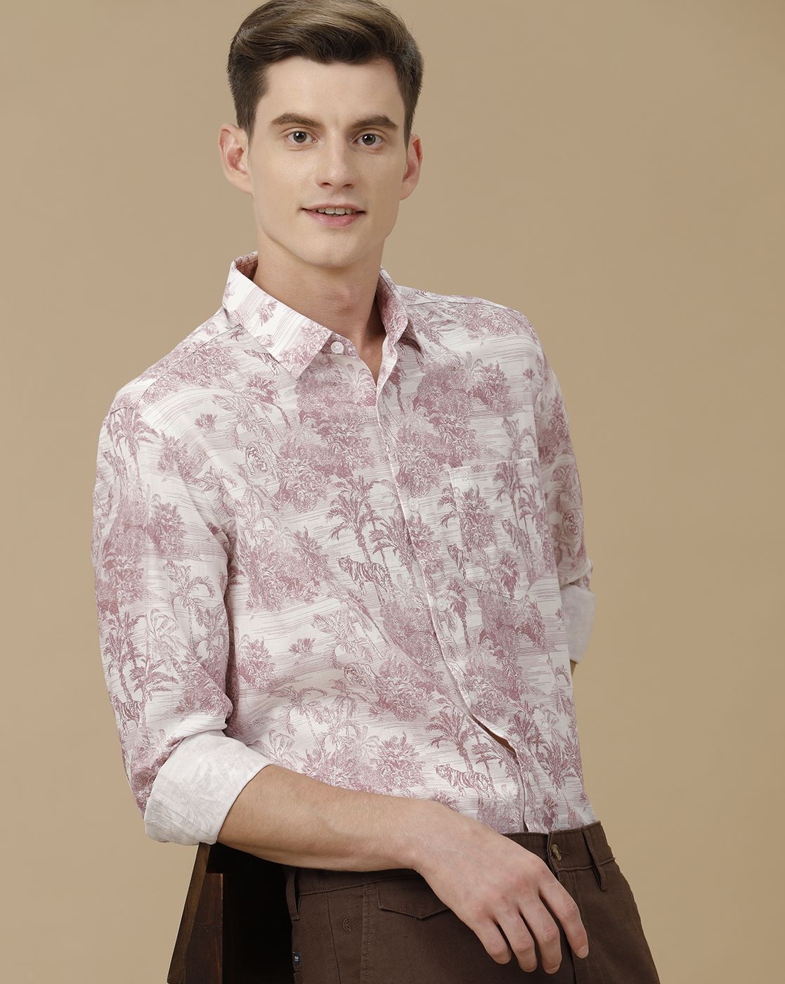 Men's Blended Linen Purple Printed Contemporary Fit Full Sleeve Casual Shirt