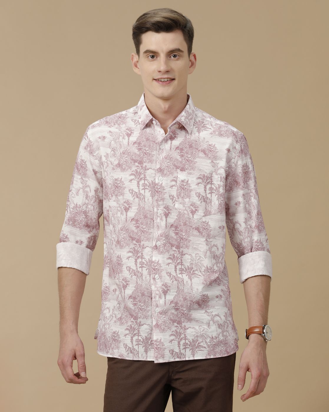 Men's Blended Linen Purple Printed Contemporary Fit Full Sleeve Casual Shirt