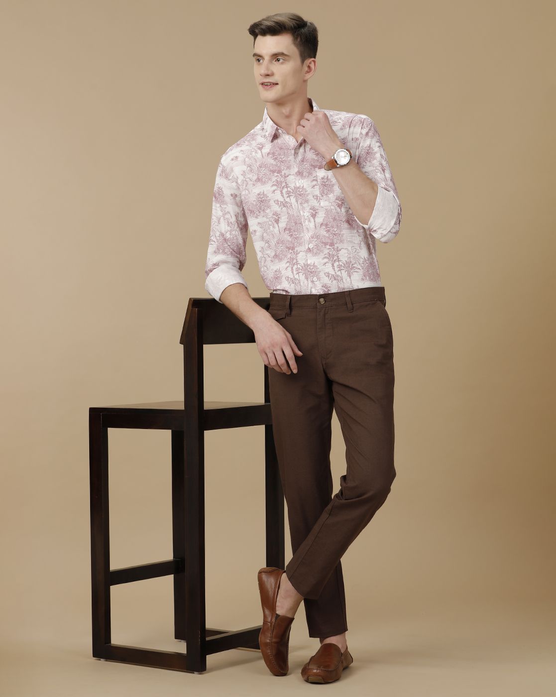 Men's Blended Linen Purple Printed Contemporary Fit Full Sleeve Casual Shirt