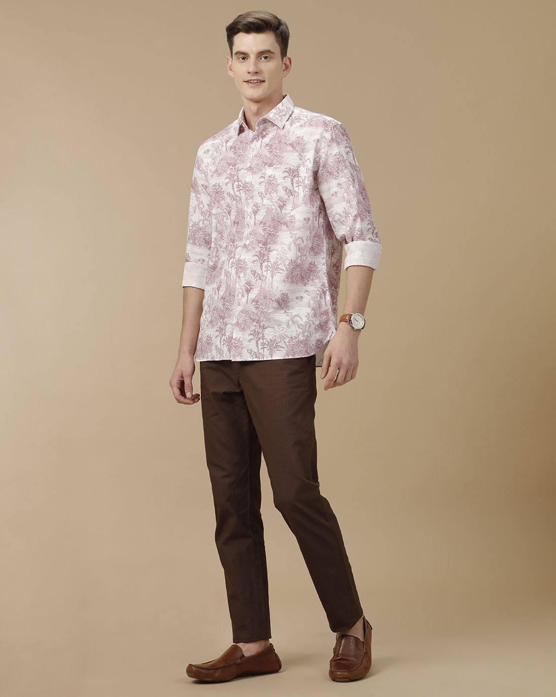 Men's Blended Linen Purple Printed Contemporary Fit Full Sleeve Casual Shirt