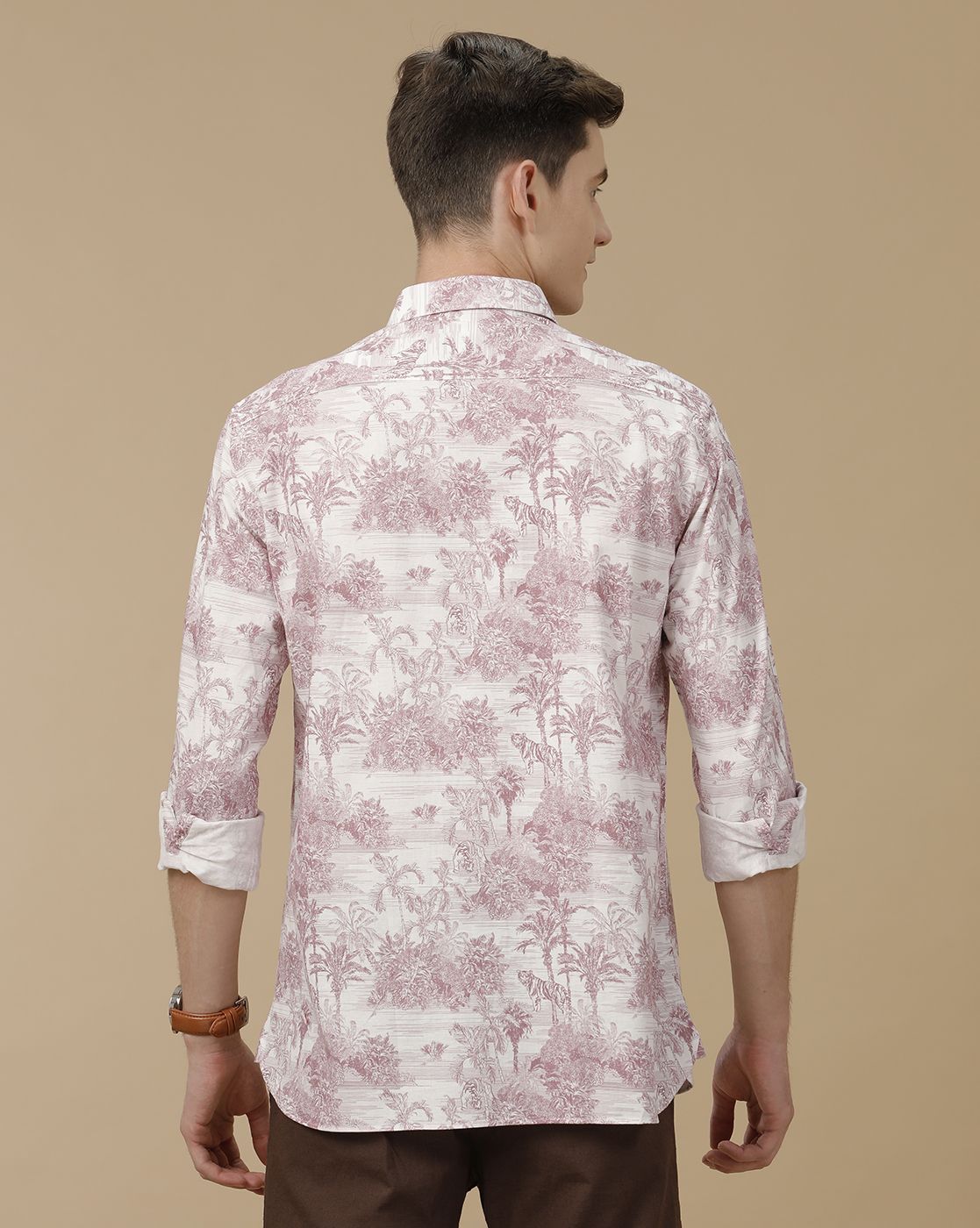 Men's Blended Linen Purple Printed Contemporary Fit Full Sleeve Casual Shirt