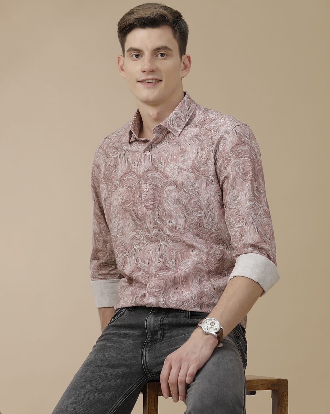 Men's Blended Linen Purple Printed Contemporary Fit Full Sleeve Casual Shirt