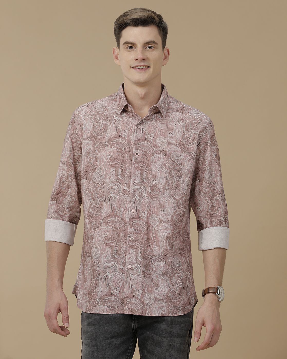 Men's Blended Linen Purple Printed Contemporary Fit Full Sleeve Casual Shirt
