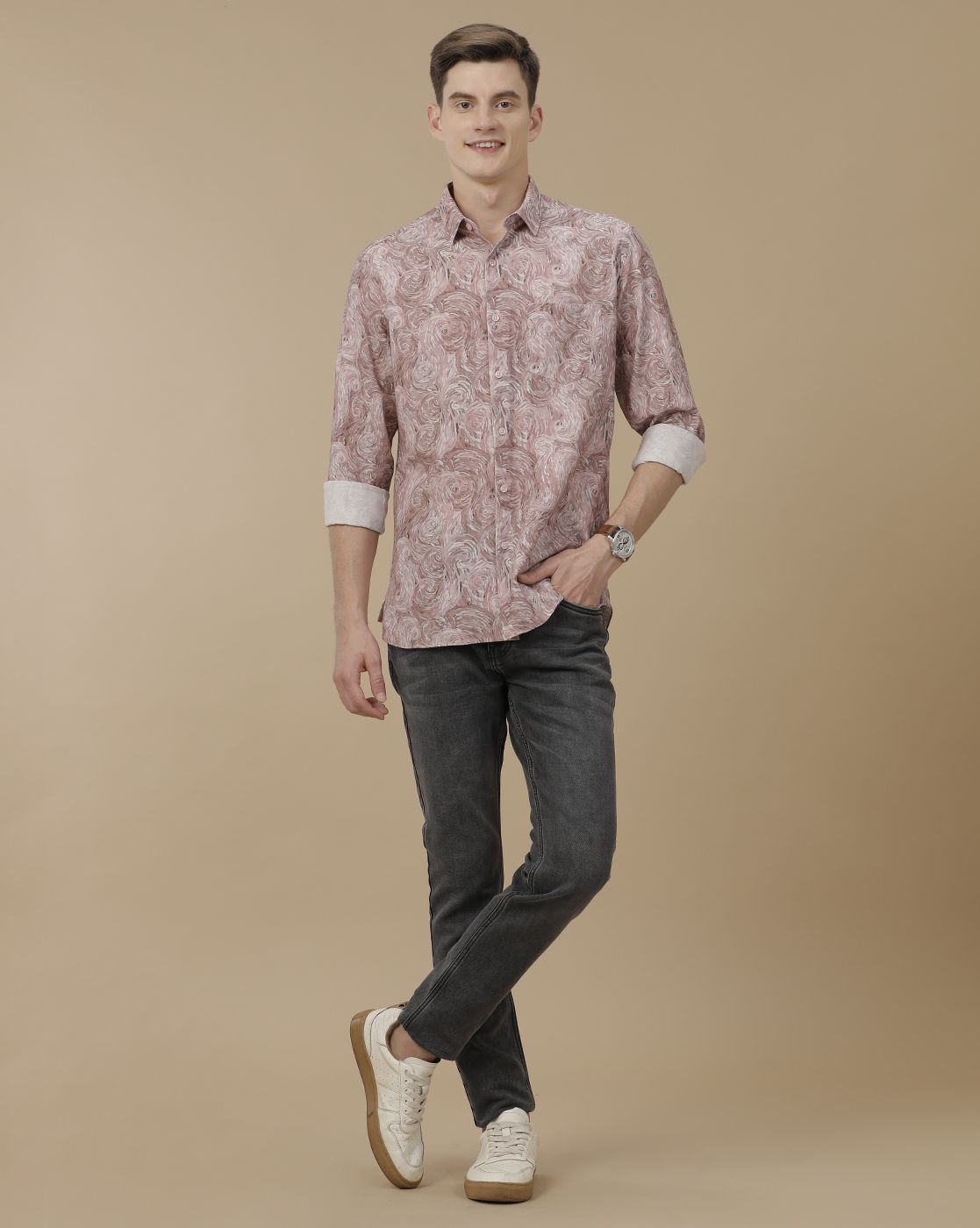 Men's Blended Linen Purple Printed Contemporary Fit Full Sleeve Casual Shirt