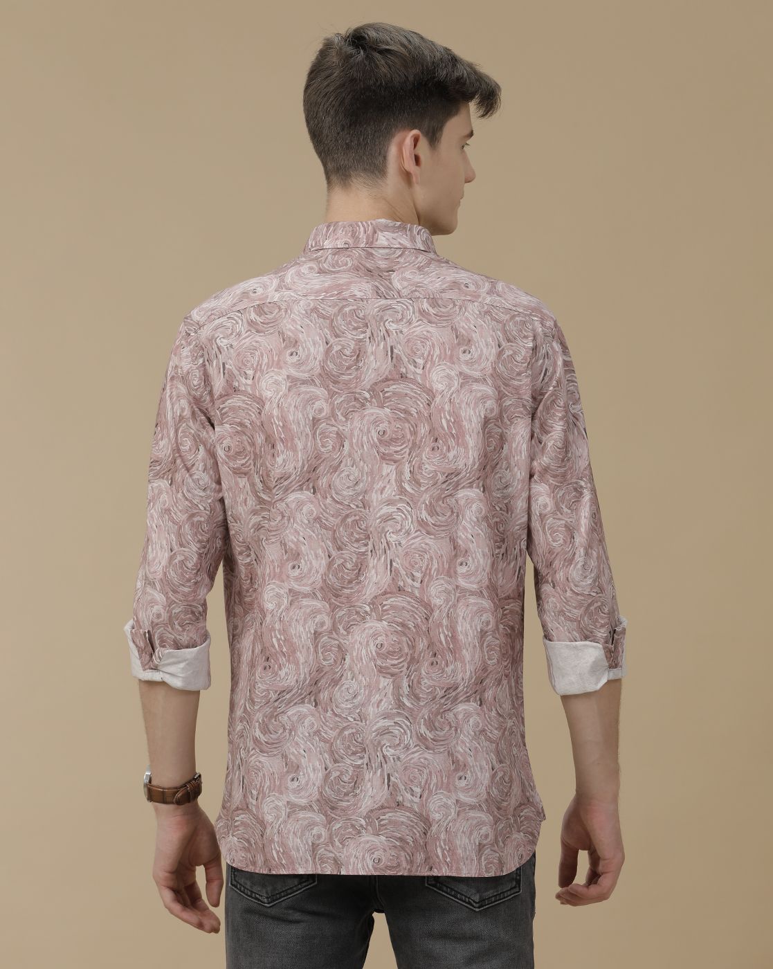 Men's Blended Linen Purple Printed Contemporary Fit Full Sleeve Casual Shirt
