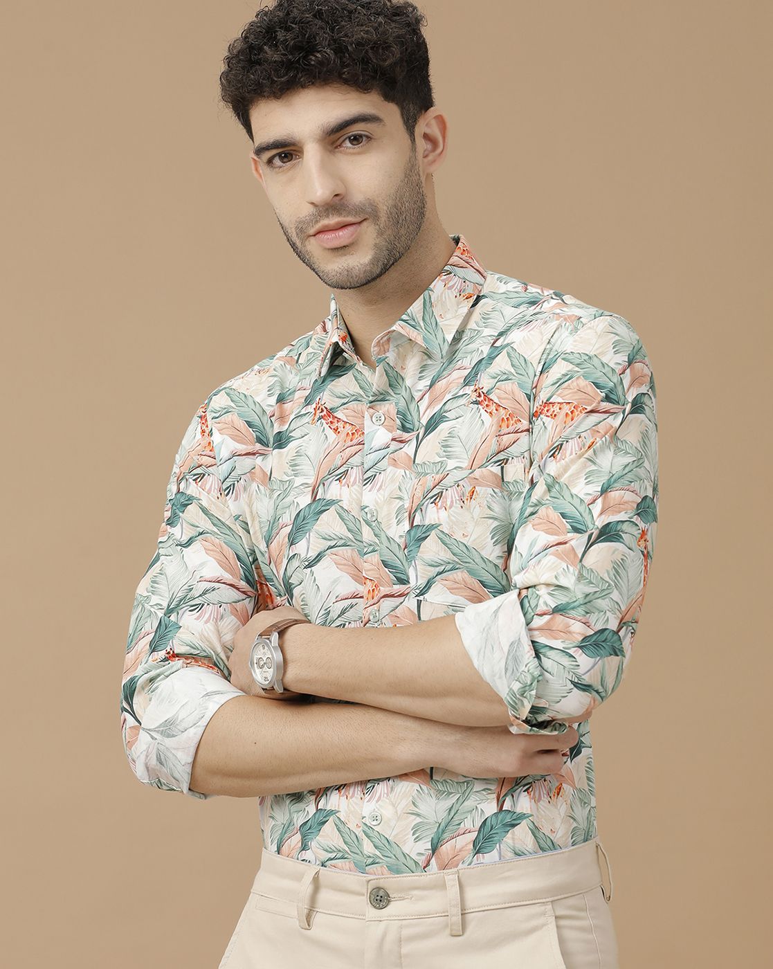 Men's Blended Linen Green Printed Contemporary Fit Full Sleeve Casual Shirt